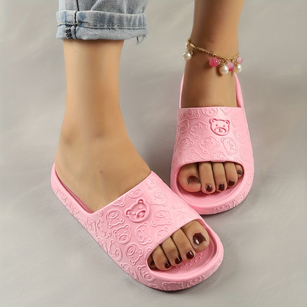 Women's Cute Bear Pattern Slides, Casual Open Toe Soft Sole Shoes, Lightweight Slip On Beach Slides