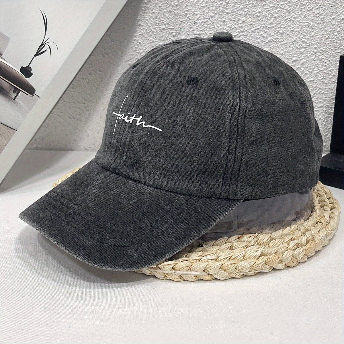 Vintage Street Style Water Wash Denim Polyester Baseball Cap, Faith Print, for Men, Women
