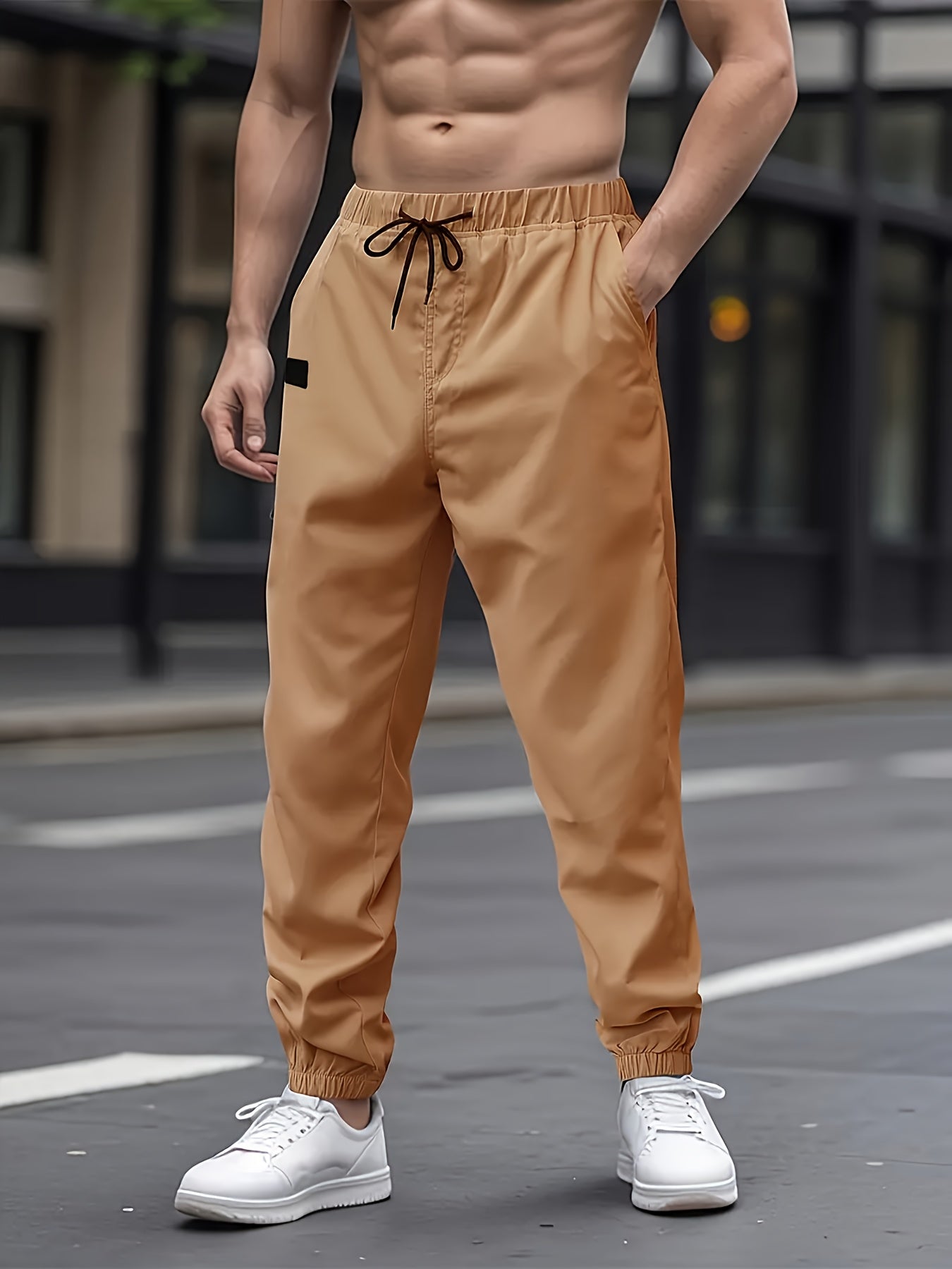 1pc Men'S Casual Cargo Pants, Solid Color Polyester Drawstring Waist, Non-Stretch Woven Fabric, Regular Fit, Polyester Lined, Perfect for Weekend Casual Wear