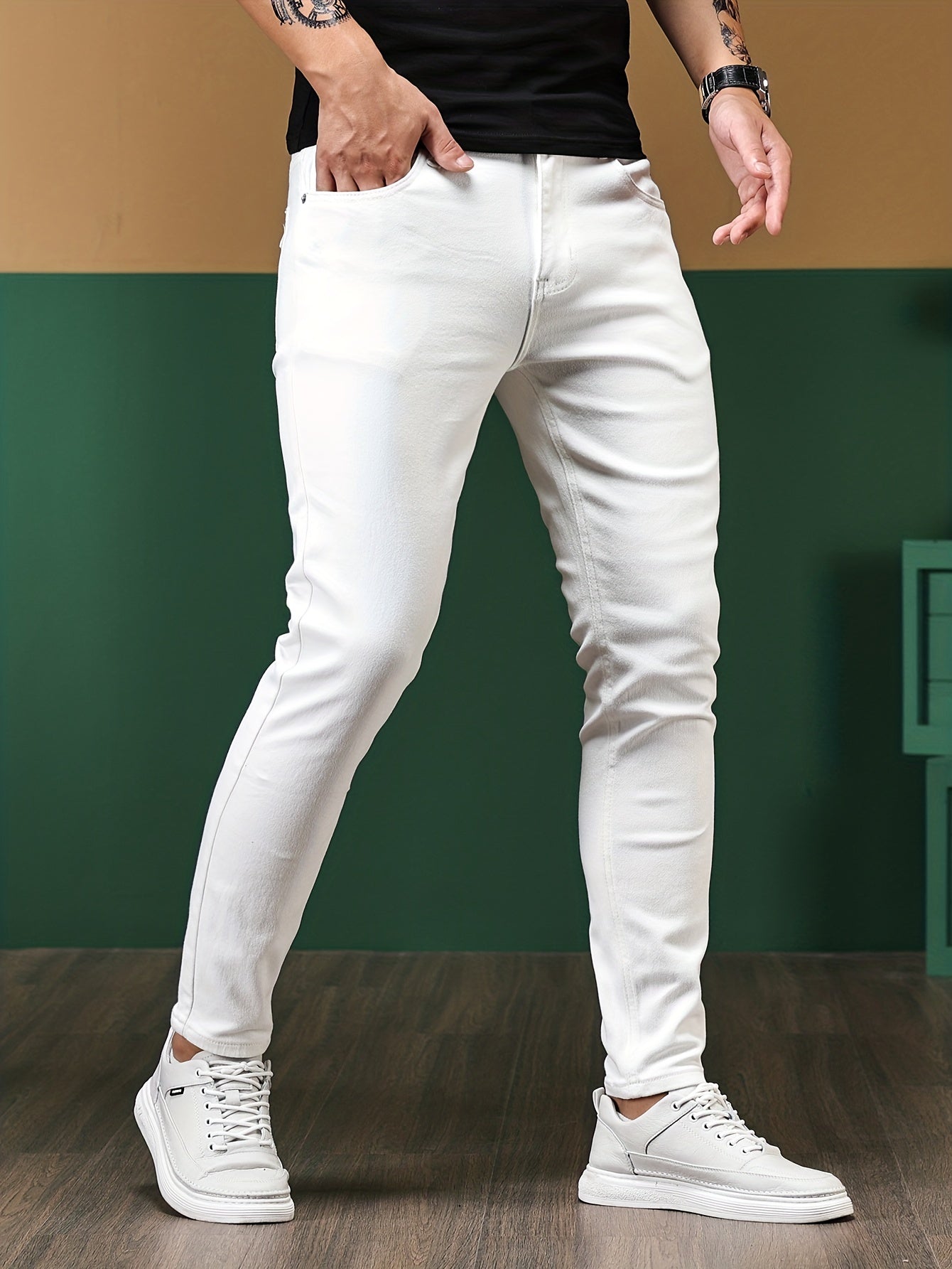 Slim Fit Chic Jeans, Men's Casual Street Style All Match Stretch Denim Pants With Pockets