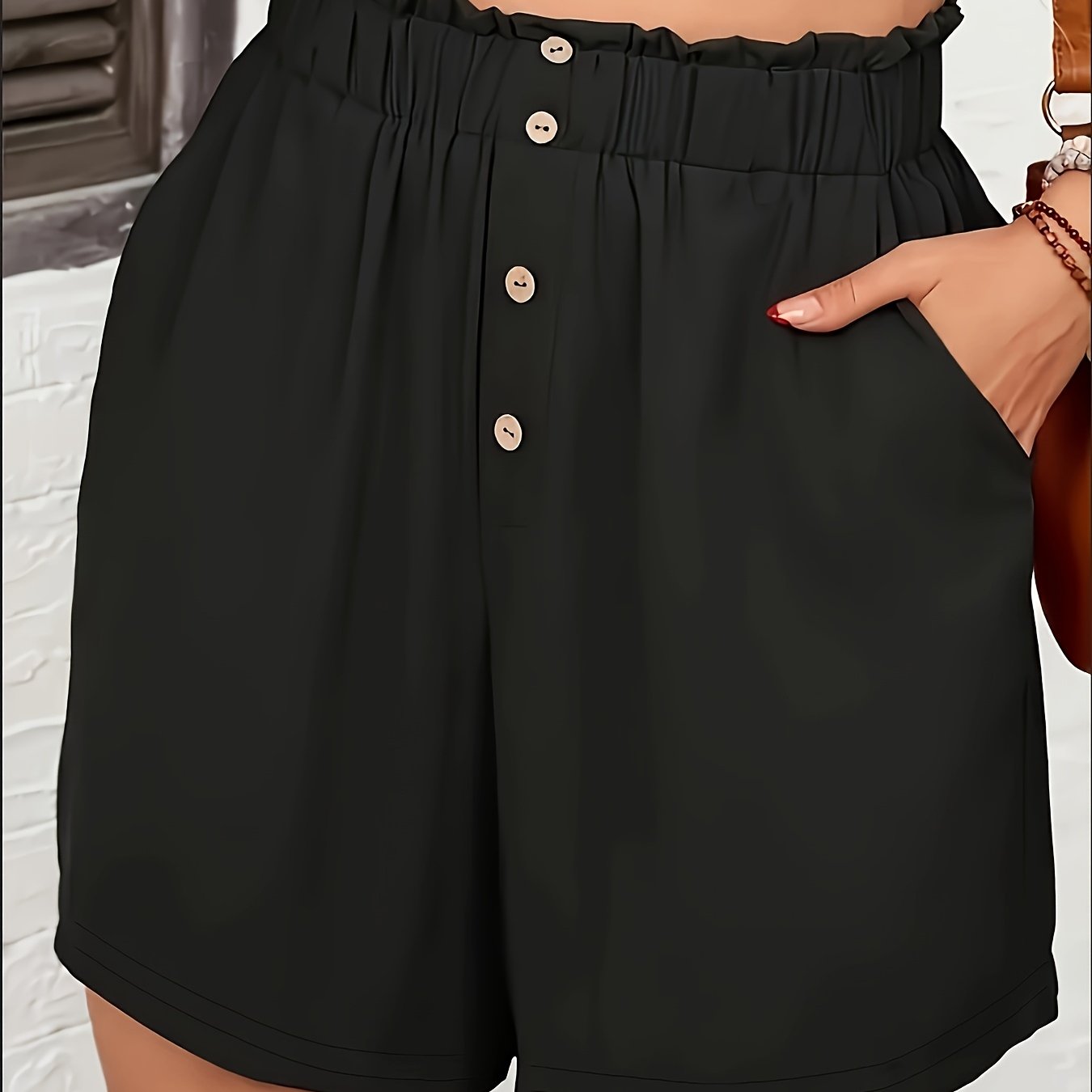 Elegant High-Waist Women's Casual Shorts - Chic Black with Button Detail, Comfy Polyester Blend, Perfect for Summer
