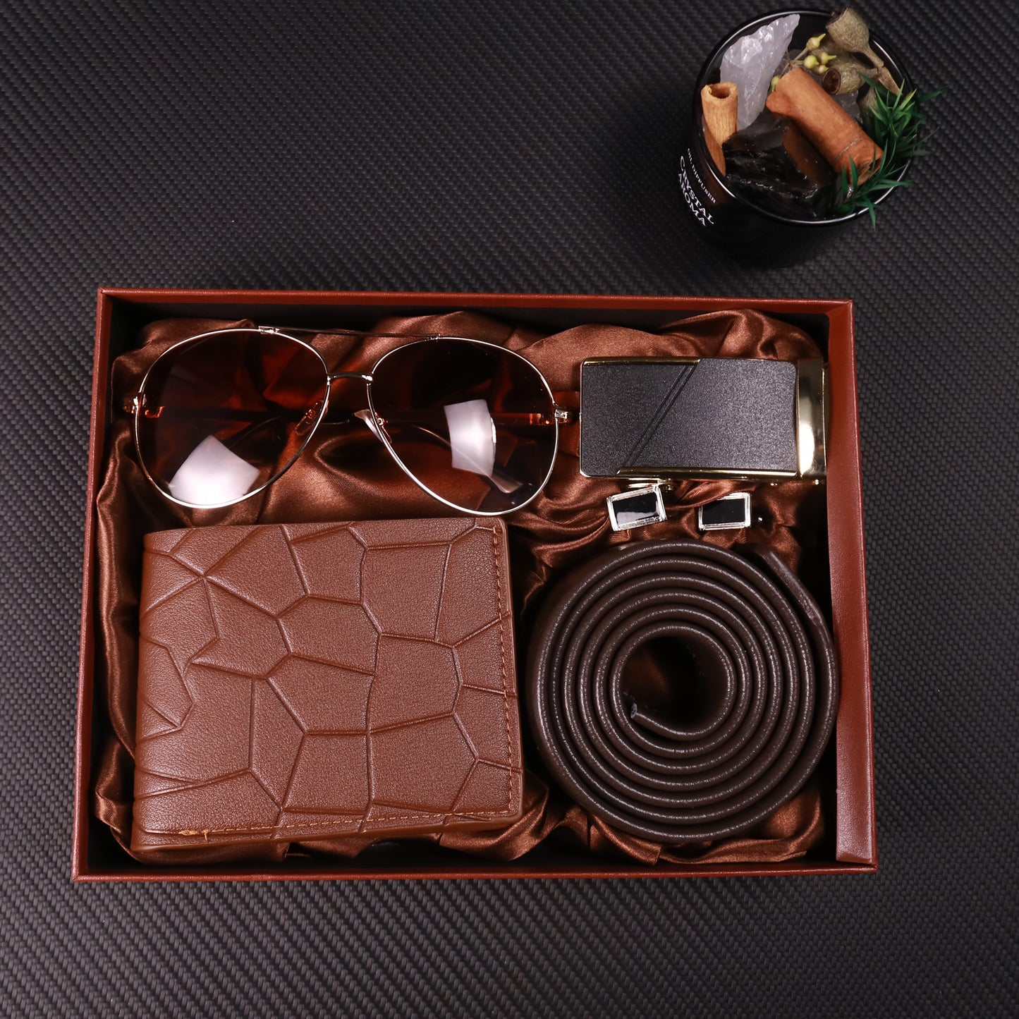 Men's 7pcs Business Gift Box Set: Textured Fashion Glasses, Matte Gunmetal Buckle, Comfortable Belt, Wallet, Fashionable Cufflinks, Elegant Gift Box – Perfect for Father's Day, Teacher's Day, Graduation, Christmas, Valentin