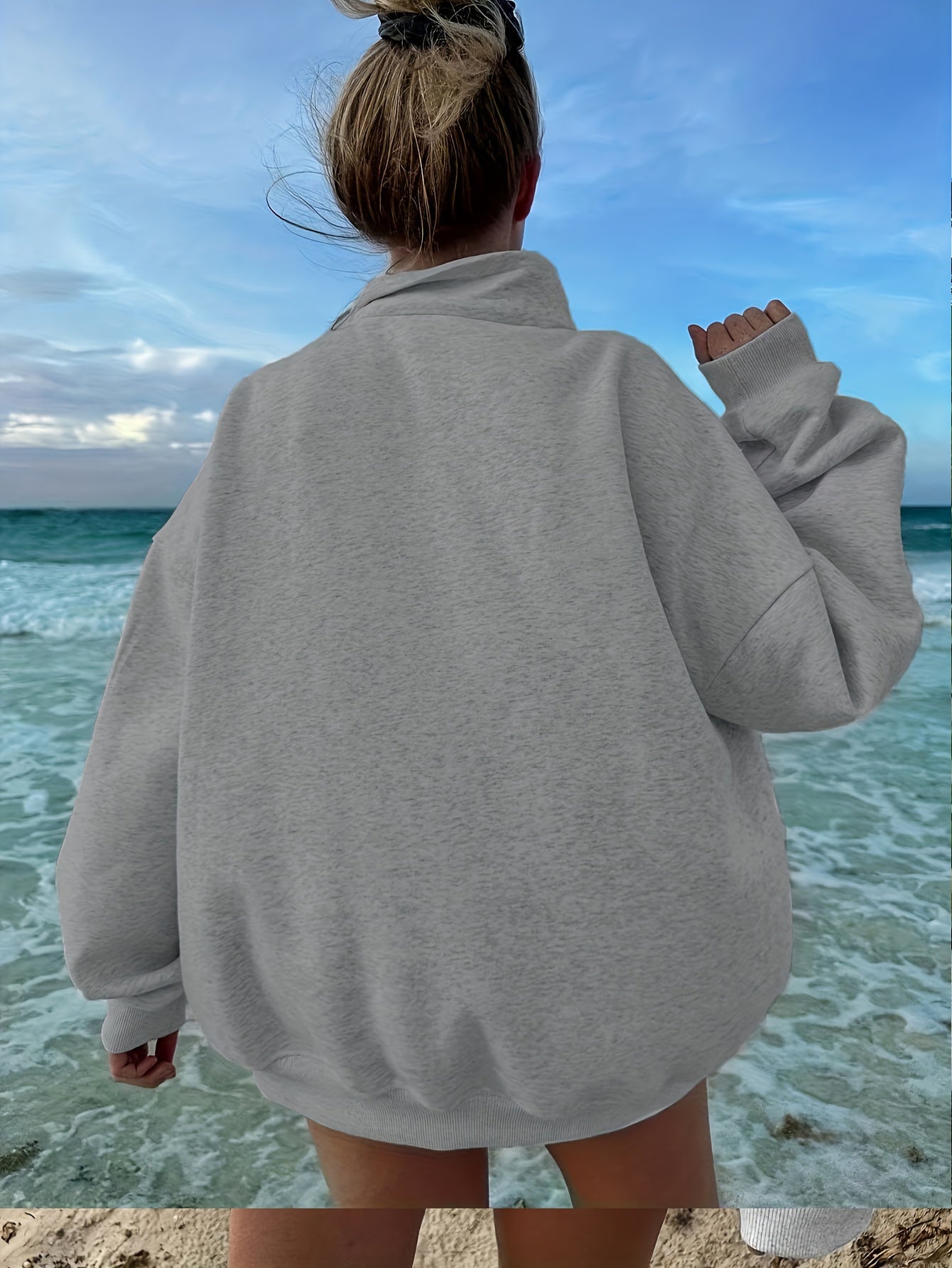 Women's Casual Heather Gray Half-Zip Sweatshirt - Soft Polyester & Elastane Blend, Long Sleeve, Stand Collar, Machine Washable - Perfect for Spring/Fall