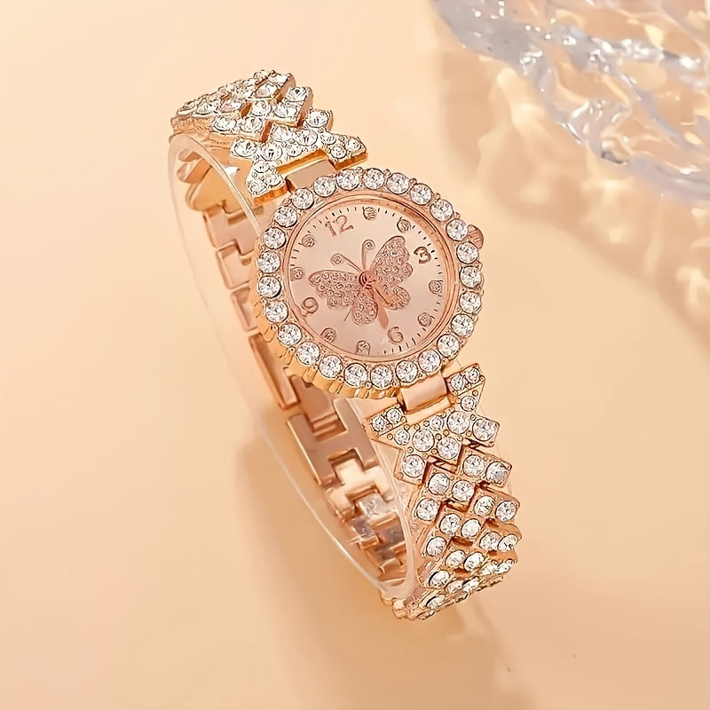 2pcs Elegant Butterfly Quartz Watch & Ladies Jewelry Set - Perfect Gift, Eternal Style and Exquisite Design, Zinc Alloy Strap and Zinc Alloy Case, Quartz Movement, Accurate, Durable, Fashionable Women's Gift, Especially Suita