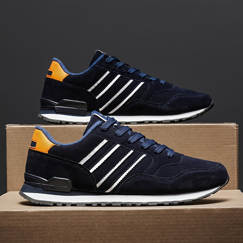 Men's Breathable Mesh Running Shoes - Versatile Korean Style Casual Sneakers with Striped Design, Durable Non-Slip Rubber Sole for Outdoor Activities, Daily Wear & Exercise - Light Gray with Blue Accents, Lace-Up Closure
