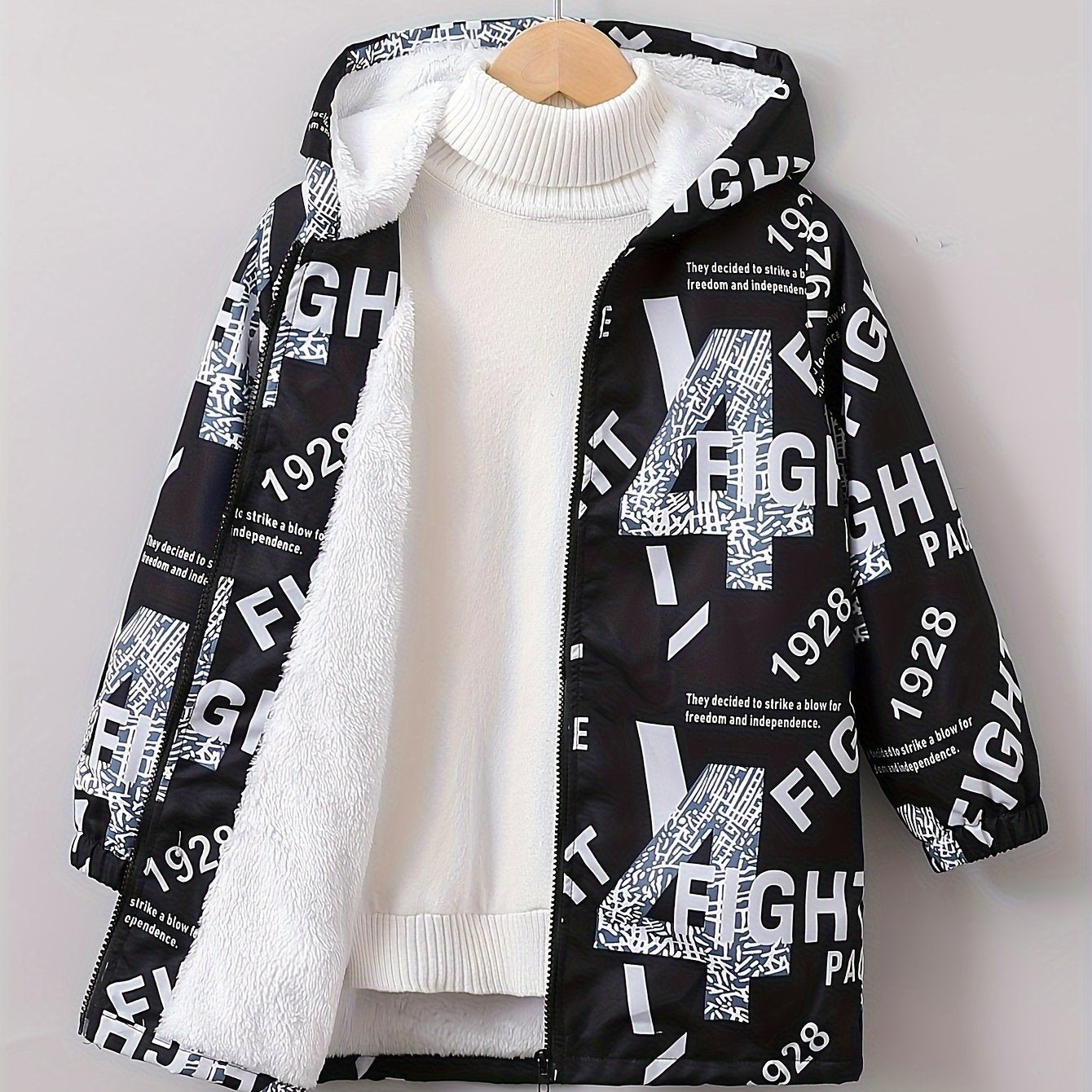 Boys' Cozy Jacket with Letter Print - Casual & Warm Windproof Outerwear for Fall/Winter