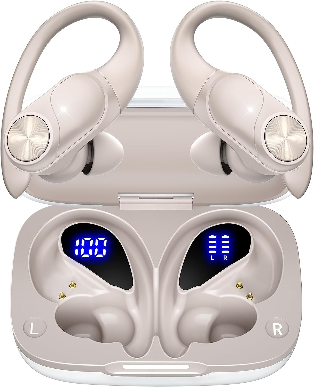 Pocbuds Bluetooth Headphones Wireless Earbuds 80Hrs Playtime Wireless Charging Case Digital Display Sports Ear Buds with Earhook Deep Bass IPX7 Waterproof Over-Ear Earphones for TV Phone Laptop Black