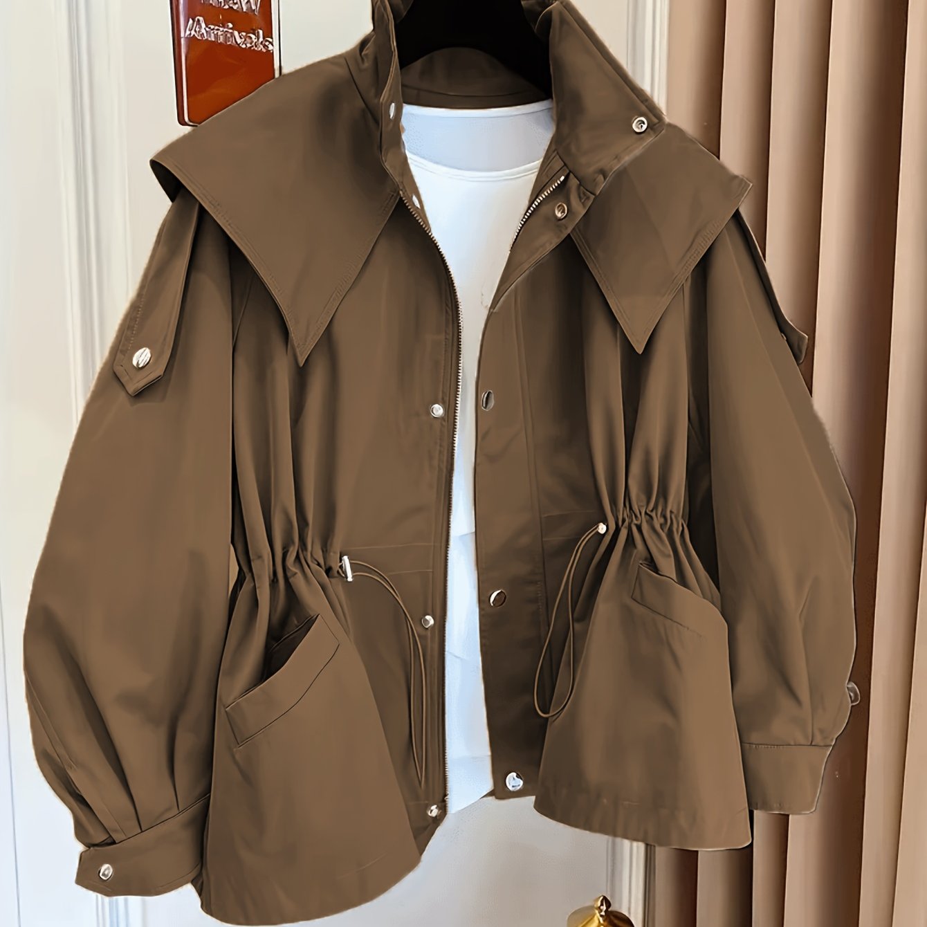 Women'S Casual Solid Color Polyester Overcoat with Drawstring Waist, Lapel Collar, and Chest Pockets - Spring and Fall Fashion, Comfortable, Non-Stretch Fabric, Casual Outerwear | Classic Long Sleeve | Nonstretch Materia