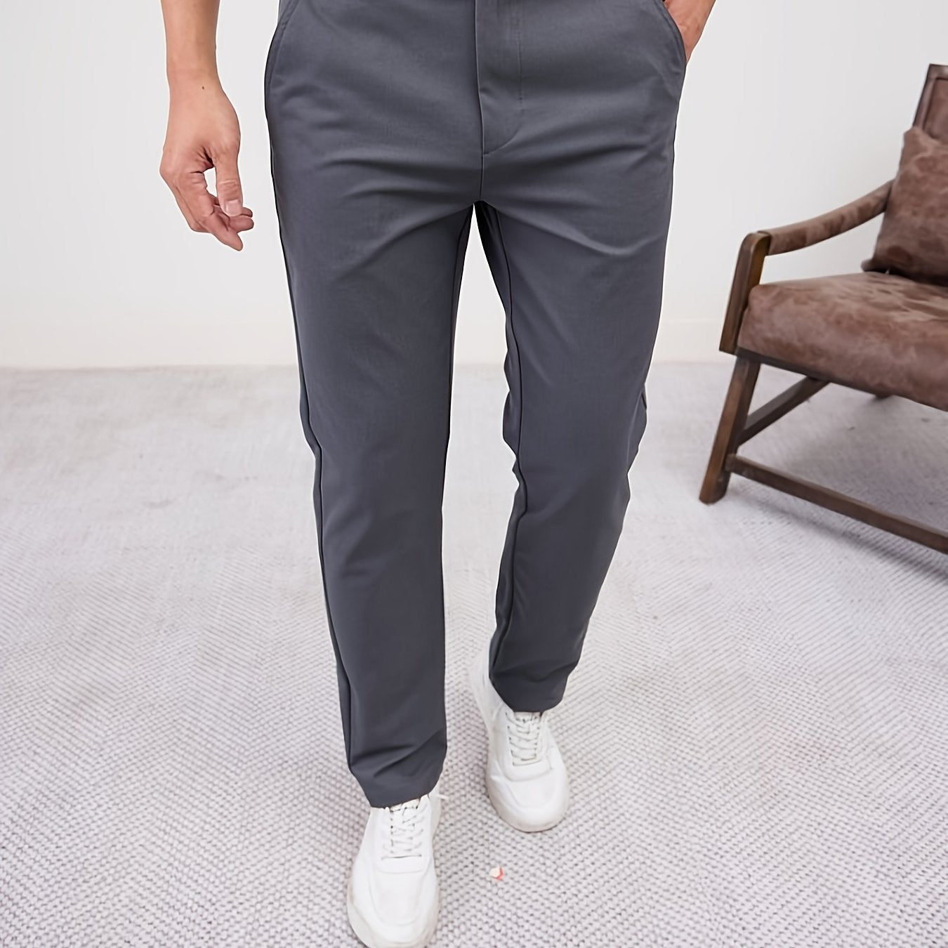 Men'S Casual Solid Color Regular Length Slight Stretch Woven Fabric Pants for Adult