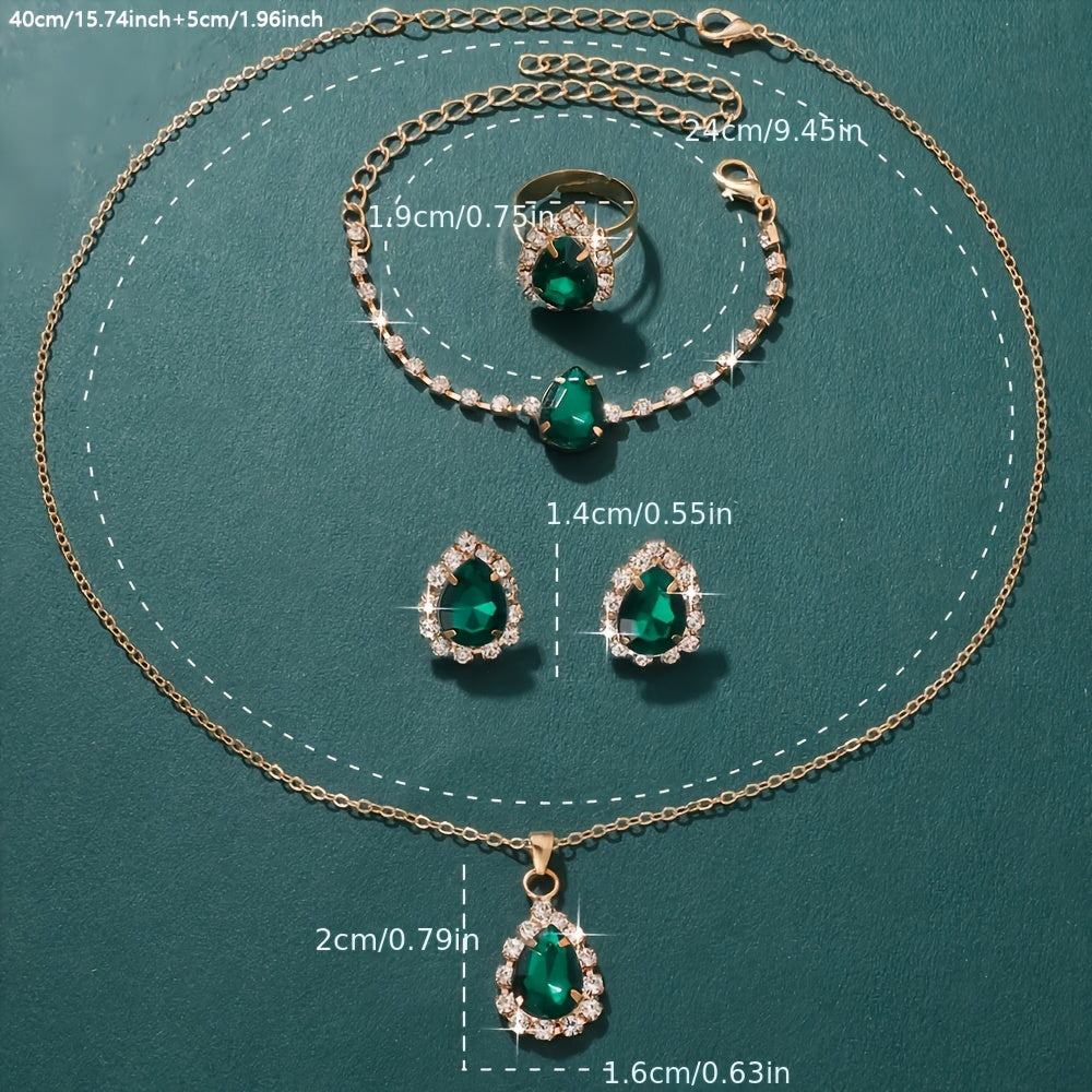 Elegant 5pcs Green Rhinestone Jewelry Set for Women - Sparkling Studs, Necklace, Ring & Earrings - Perfect for Daily Wear or Parties