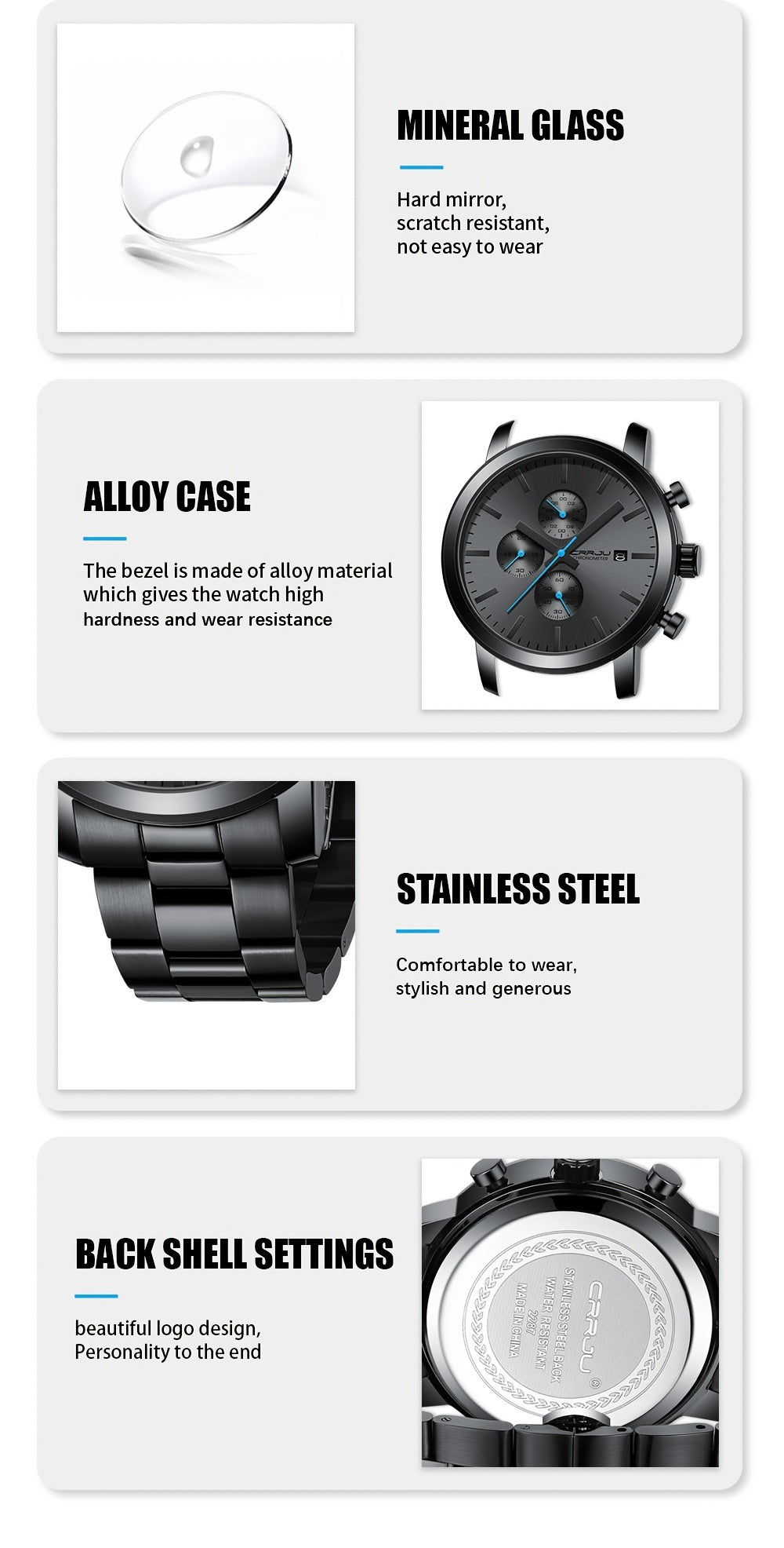 CRRJU Luxury Men's Stainless Steel Quartz Watch - Business Style, Chronograph,, Analog Display, High-end, Quartz, Suitable for Women