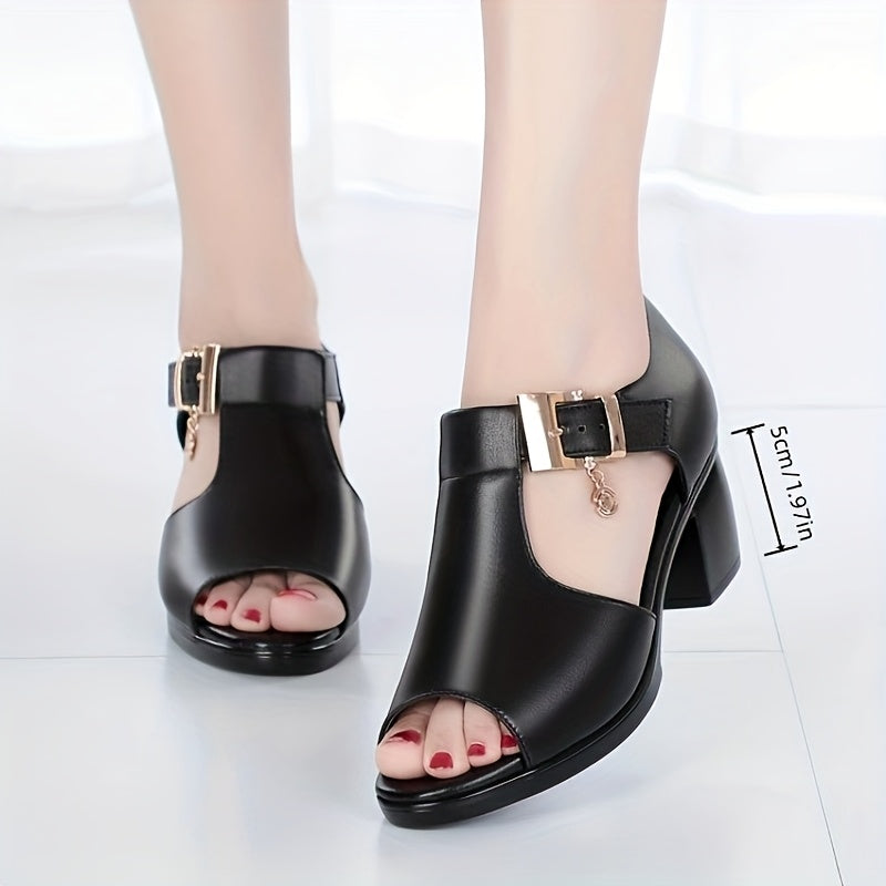 Elegant Women'S Open-Toe Chunky Heel Shoes - Comfortable Mid-Height with Golden Buckle Strap, Breathable Cut-Out Design, Shock-Absorbing Insole Durable Rubber Sole for Summer Casual Formal Occasions, High Heel Footwear, D