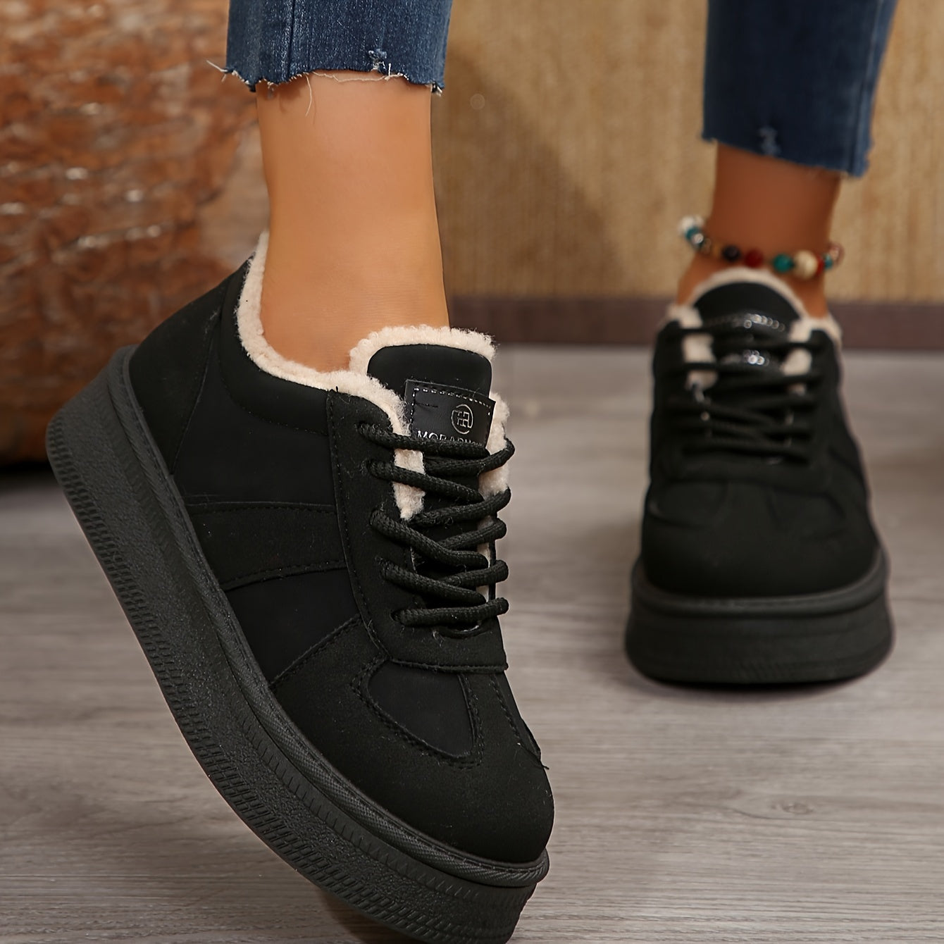 Women's Cozy Fleece-Lined Winter Sneakers - Thick Sole, Non-Slip, Lace-Up Casual Shoes for Outdoor Comfort