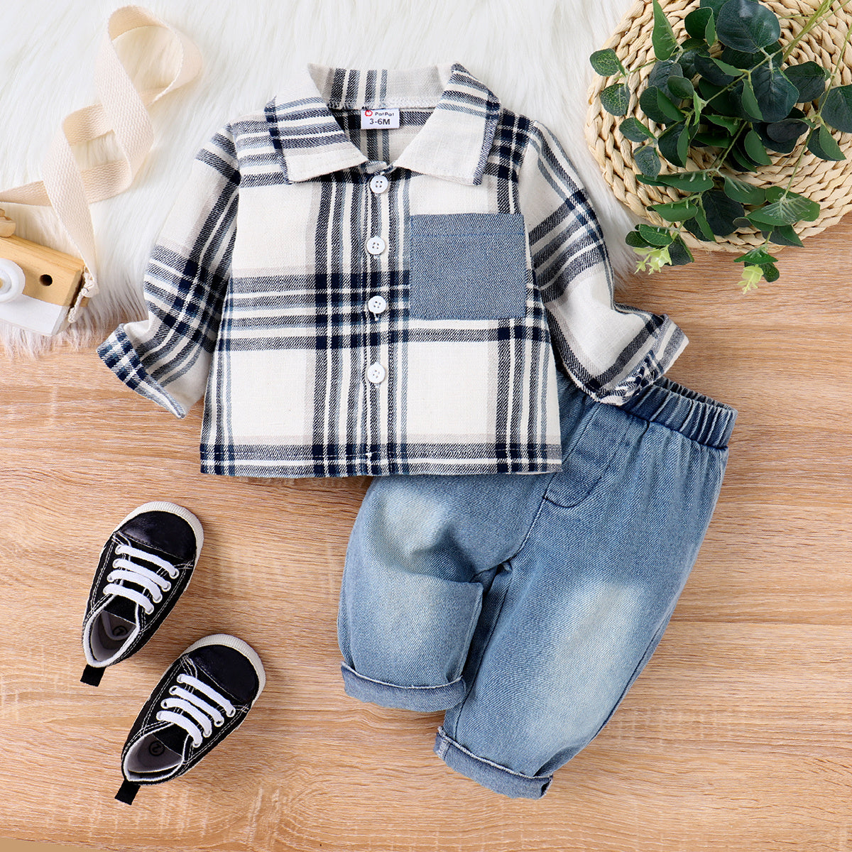 PatPat 2pcs Baby Boy Casual Patch Pocket Plaid Long-sleeve Lapel Collar Shirt and Jeans/Denim Pants Set For Spring & Autumn/Fall