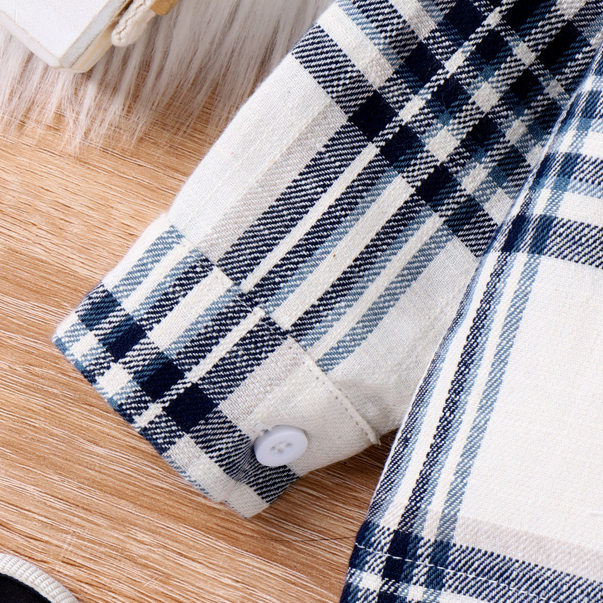 PatPat 2pcs Baby Boy Casual Patch Pocket Plaid Long-sleeve Lapel Collar Shirt and Jeans/Denim Pants Set For Spring & Autumn/Fall