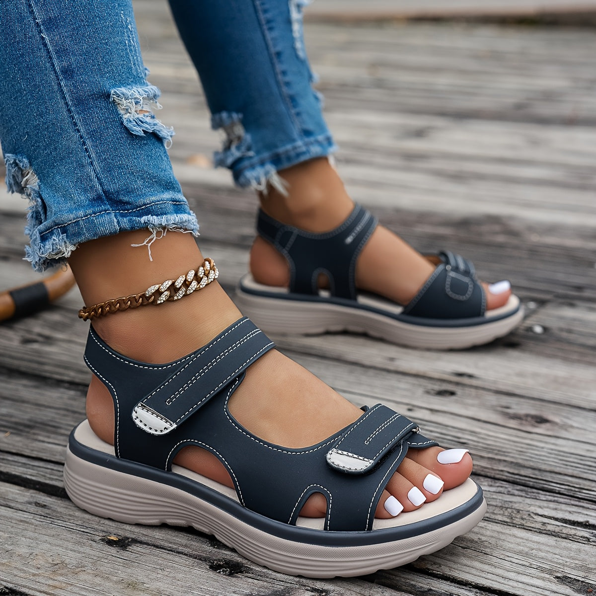Non Slip Women's Platform Open Toe Sandals, Solid Color Ankle Buckle Strap Casual Outdoor Shoes
