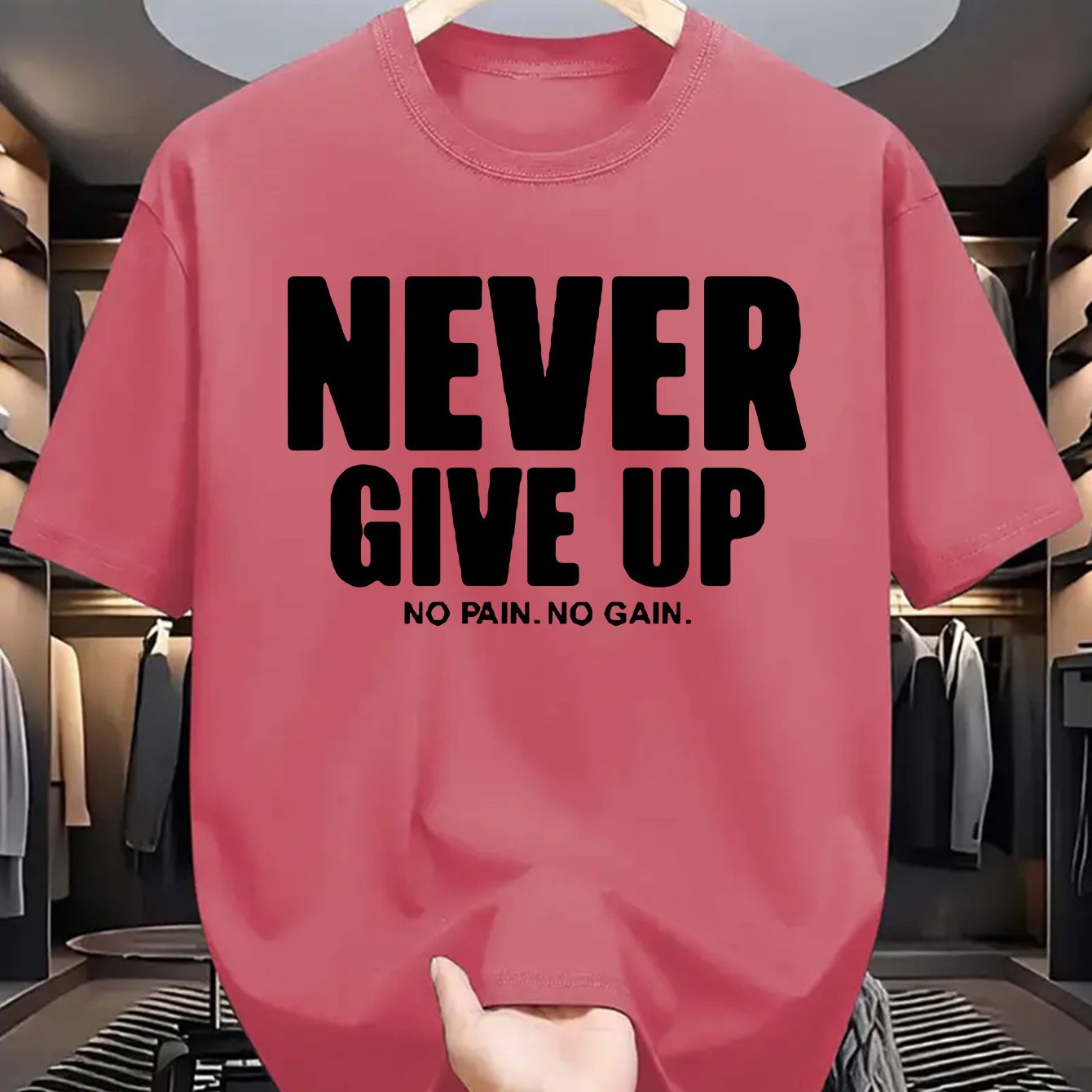 Men'S Casual Crew Neck T-Shirt with "Never Give Up" Print, Polyester Knit Fabric, Slight Stretch, Regular Fit, Summer Short Sleeve Tee for Daily Wear