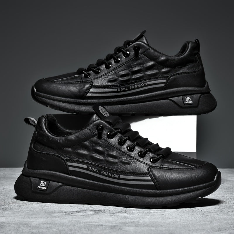 Men's Breathable Casual Sneakers - Comfortable, Versatile Stylish Shoes for Running, Sports Casual Attire, Black with White Accents, PU Upper PVC Sole, Round Toe, Lace-Up Design, All-Season Use