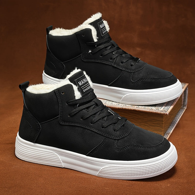 Men's Mid-Top Lace-Up Boots with Warm Plush Lining for Comfortable Winter Outdoor Street Walking and Strolling, Winter Boots