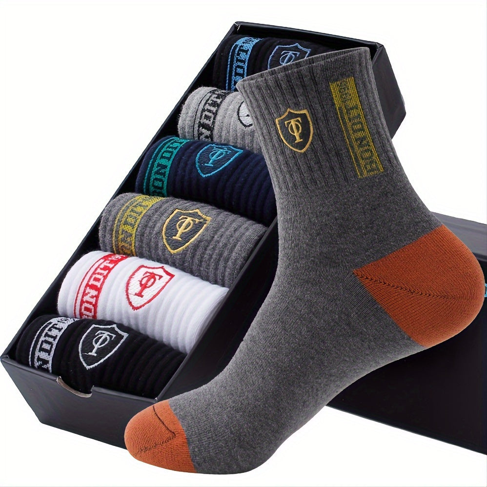6 Pairs Men'S Cotton Sports Socks, Embroidered Sweat-Wicking Knit Fabric, Machine Washable, Mixed Color, Uncharged - No Box Included