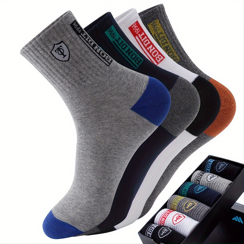 6 Pairs Men'S Cotton Sports Socks, Embroidered Sweat-Wicking Knit Fabric, Machine Washable, Mixed Color, Uncharged - No Box Included