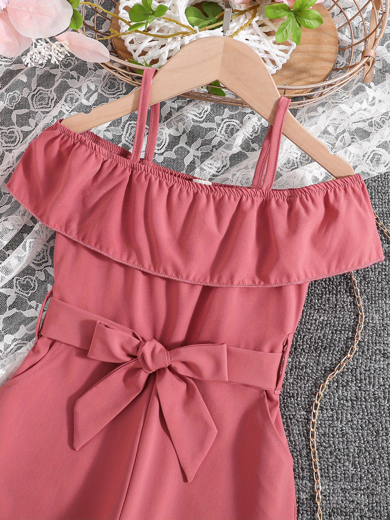 Girls Ruffle Cami Romper Belt Off Shoulder Նրբագեղ ամառային գարուն աշուն մանկական հագուստ