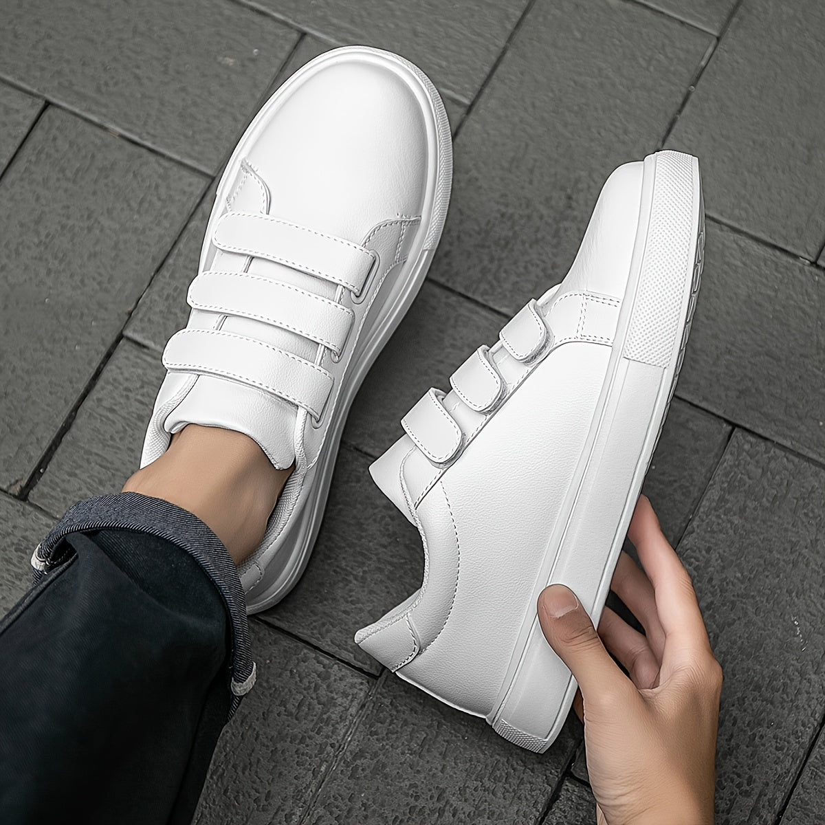 Men's Trendy White Skate Shoes with Hook-and-loop Fastener Closure, Lightweight & Comfortable Casual Sneakers for Casual Attire, Flat Sole, PU Upper, EVA Sole, Fabric Lining, Perfect for Running, Walking, and Street Style