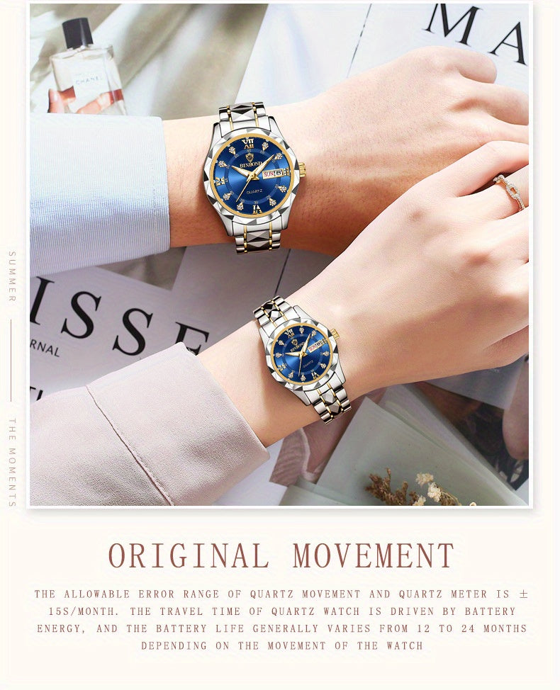 BINBOND Women's Light Luxury Quartz Watch with Night Glow, Double Calendar, Stainless Steel Band & Blue Dial - Elegant Casual & Formal Watch for Casual Attire