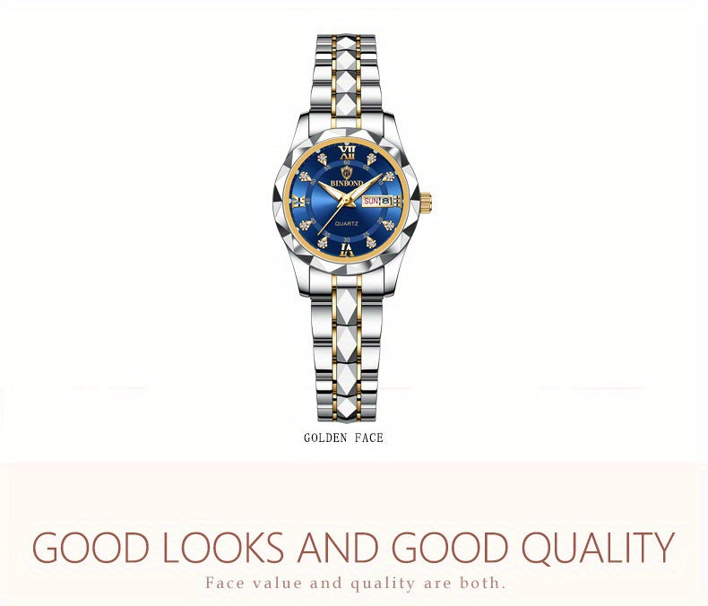 BINBOND Women's Light Luxury Quartz Watch with Night Glow, Double Calendar, Stainless Steel Band & Blue Dial - Elegant Casual & Formal Watch for Casual Attire