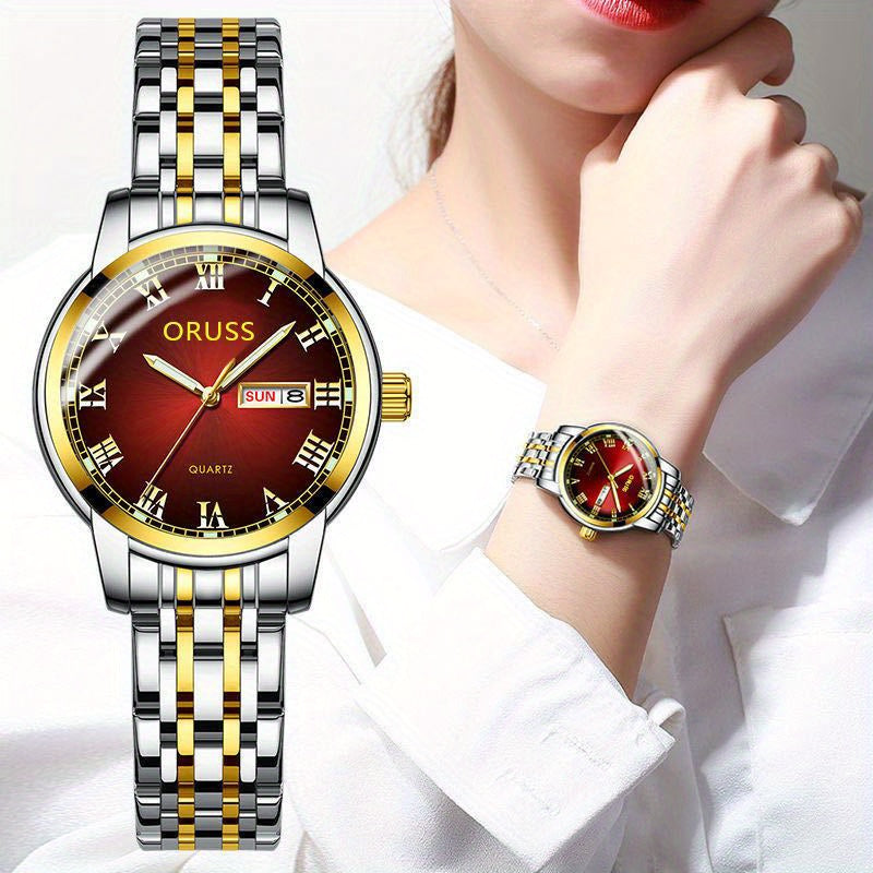 1pc Elegant Ladies' Quartz Wrist Watch, Luminous Dial, Classic Calendar, Roman Style, Stainless Steel Band, Alloy Case, Non, Non-Rechargeable Battery - Fashion Timepiece