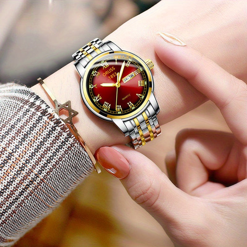 1pc Elegant Ladies' Quartz Wrist Watch, Luminous Dial, Classic Calendar, Roman Style, Stainless Steel Band, Alloy Case, Non, Non-Rechargeable Battery - Fashion Timepiece