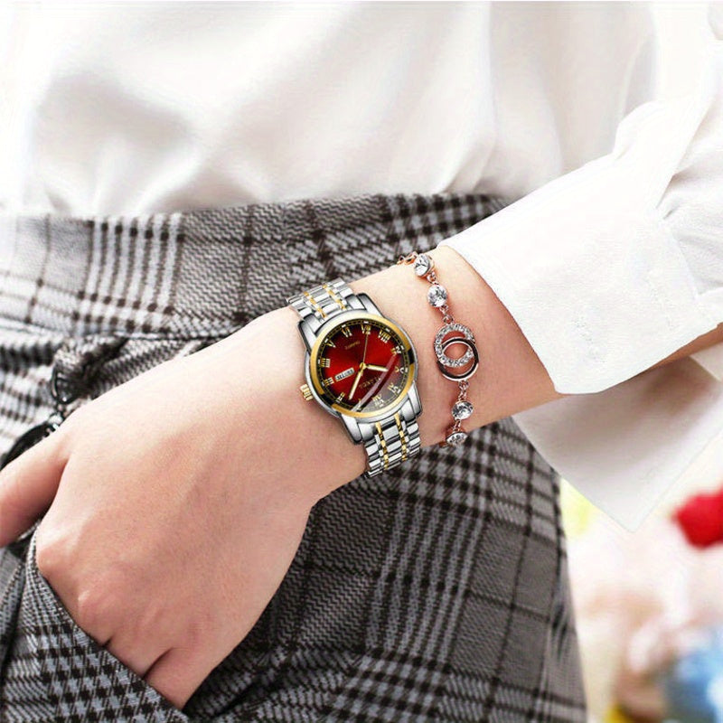1pc Elegant Ladies' Quartz Wrist Watch, Luminous Dial, Classic Calendar, Roman Style, Stainless Steel Band, Alloy Case, Non, Non-Rechargeable Battery - Fashion Timepiece