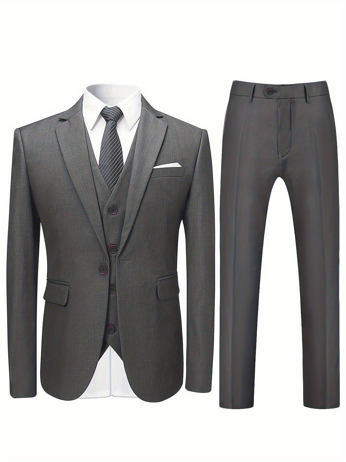 3pcs Men's Formal Suit Set, Men's Formal One Button Lapel Suit Jacket + Classic Matching Vest + Pants, Wedding Banquet & Business Occasion