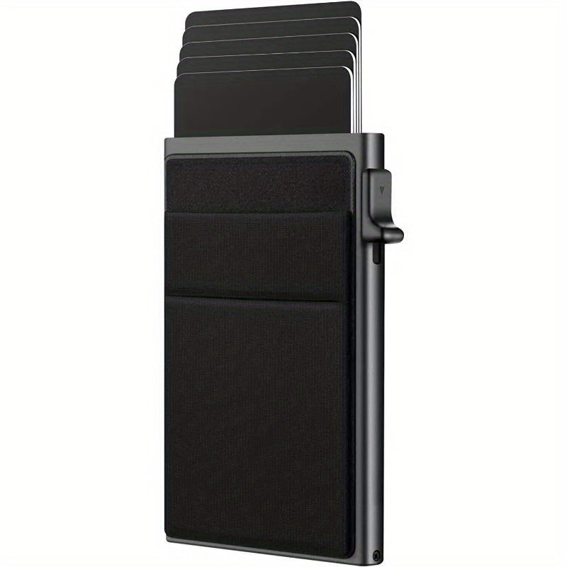 Men's Sleek RFID-Blocking Credit Card Holder with Pop-Up Coin Slot - Aluminum Alloy, Solid Black