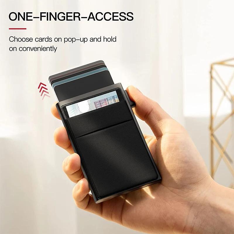 Men's Sleek RFID-Blocking Credit Card Holder with Pop-Up Coin Slot - Aluminum Alloy, Solid Black