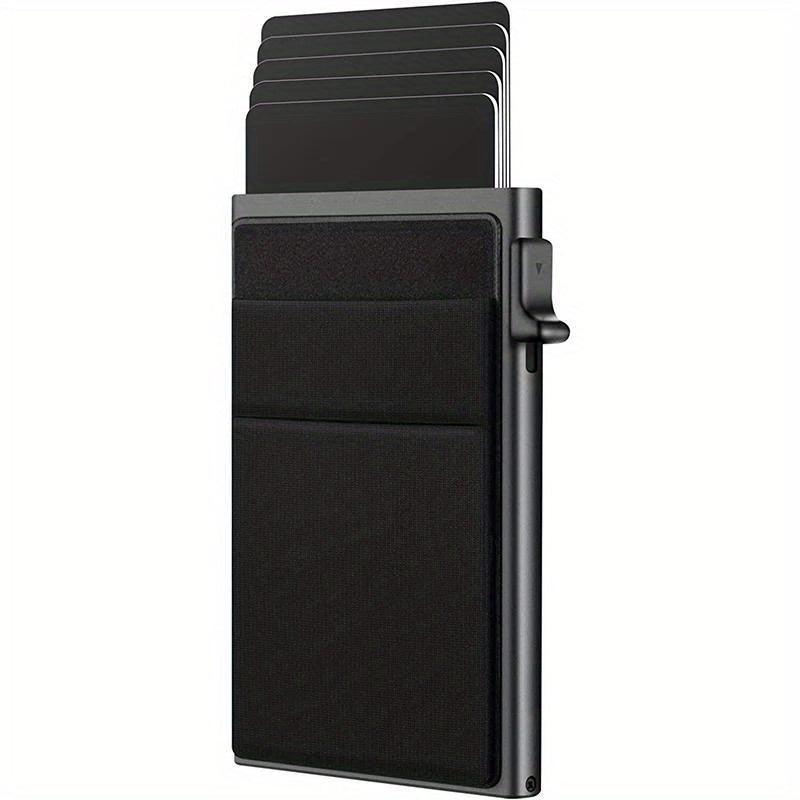 Men's Sleek RFID-Blocking Credit Card Holder with Pop-Up Coin Slot - Aluminum Alloy, Solid Black