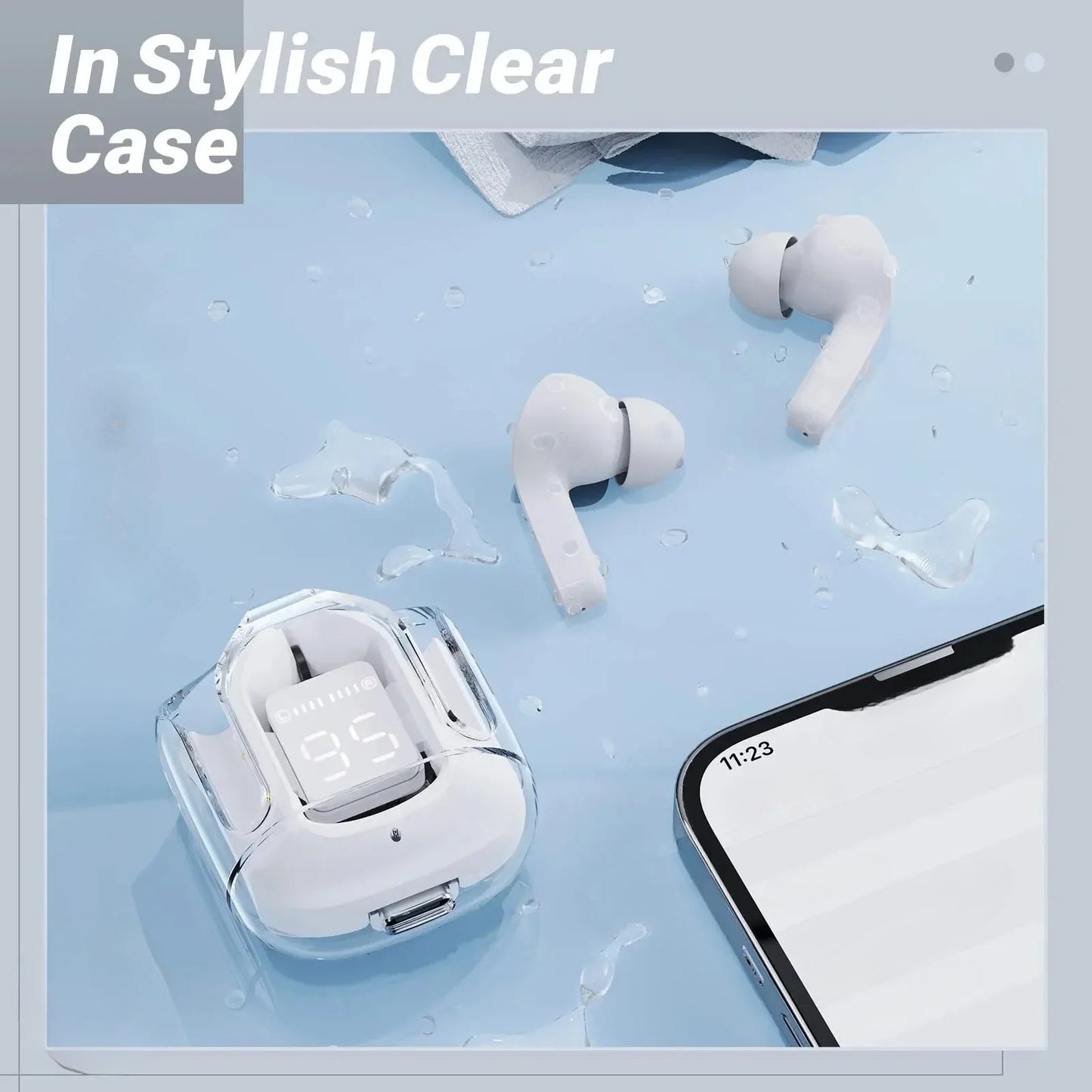 Wireless TWS Headphones Transparent Case Headphones with Digital Power Display Wireless Gaming Headphones