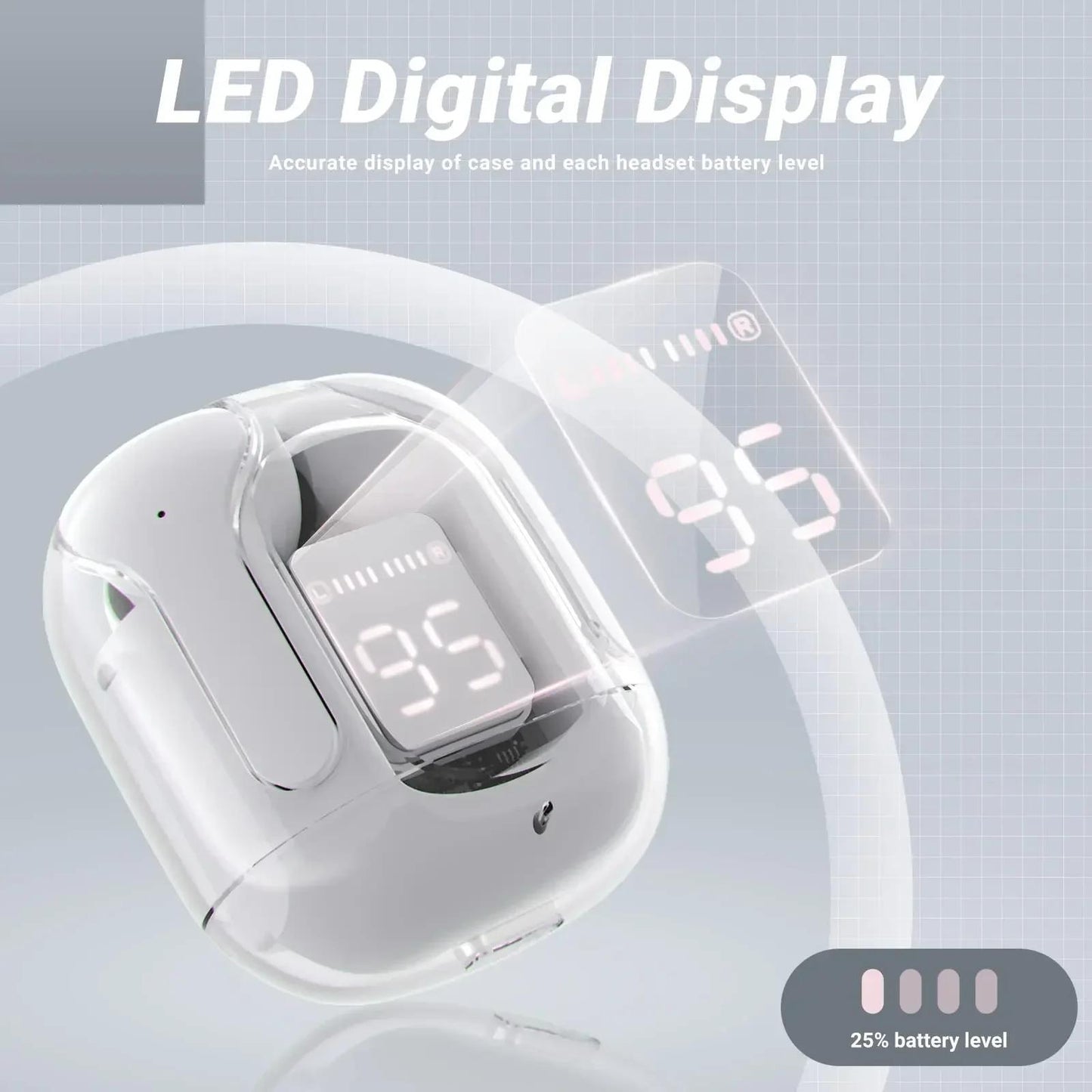 Wireless TWS Headphones Transparent Case Headphones with Digital Power Display Wireless Gaming Headphones
