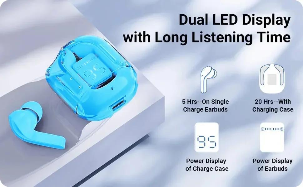 Wireless TWS Headphones Transparent Case Headphones with Digital Power Display Wireless Gaming Headphones