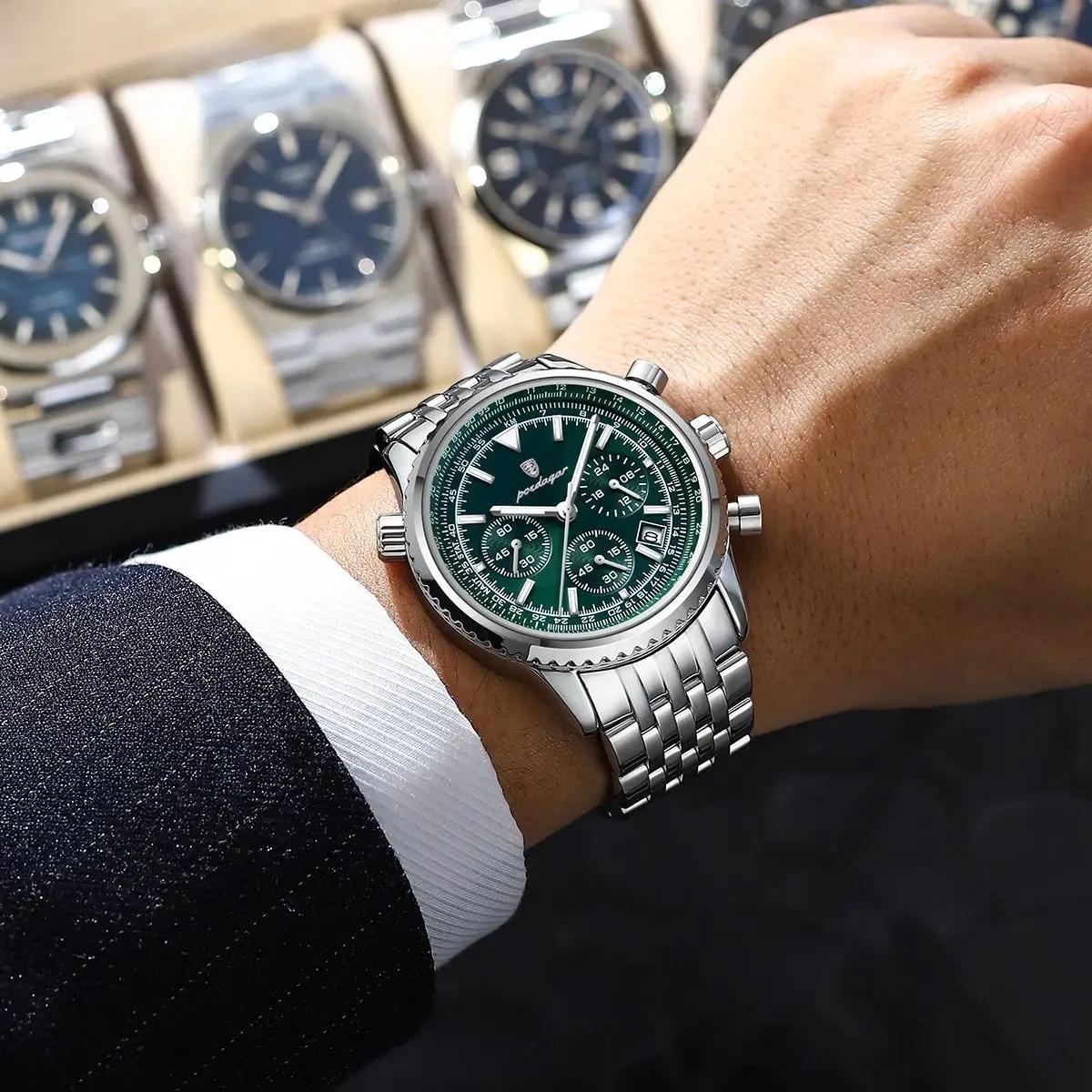 POEDAGAR Luxury Men's Quartz Watch -, Luminous Chronograph with Date Function, Stainless Steel Band & Zinc Alloy Case