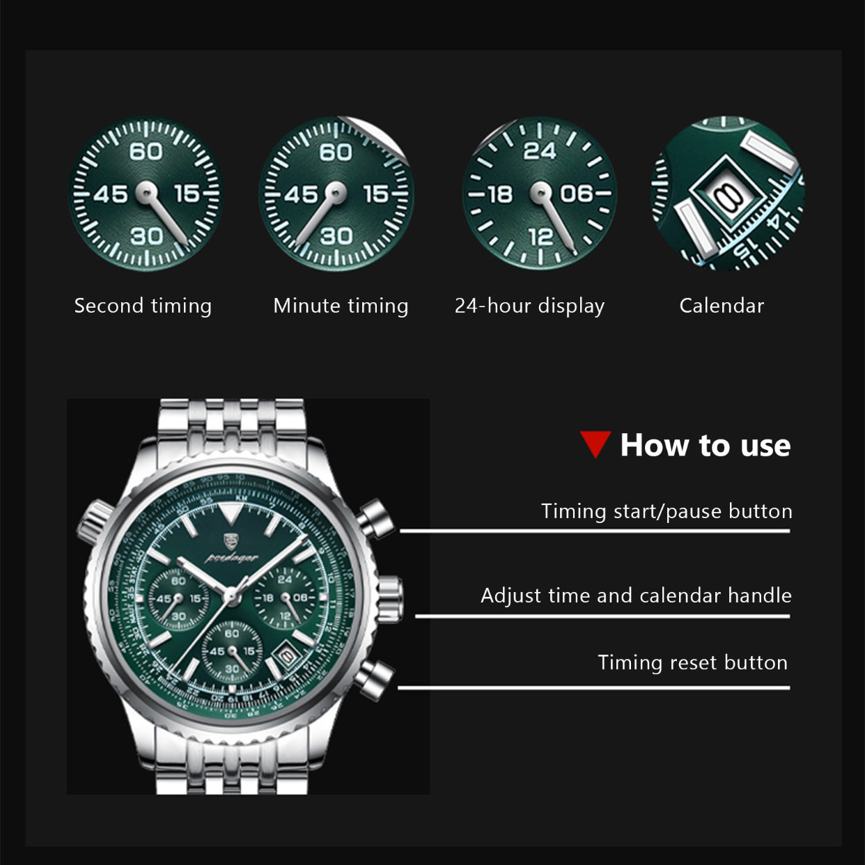 POEDAGAR Luxury Men's Quartz Watch -, Luminous Chronograph with Date Function, Stainless Steel Band & Zinc Alloy Case