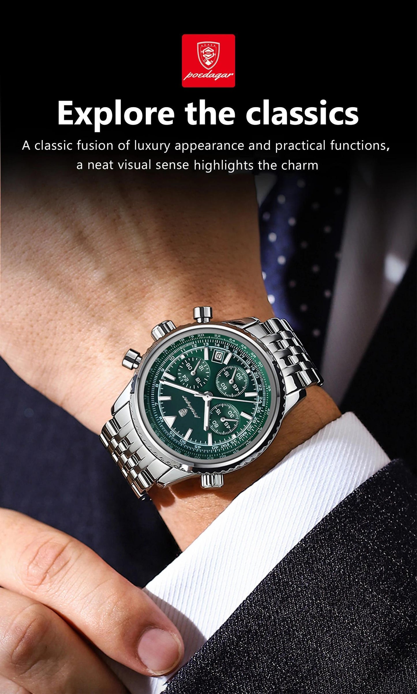 POEDAGAR Luxury Men's Quartz Watch -, Luminous Chronograph with Date Function, Stainless Steel Band & Zinc Alloy Case
