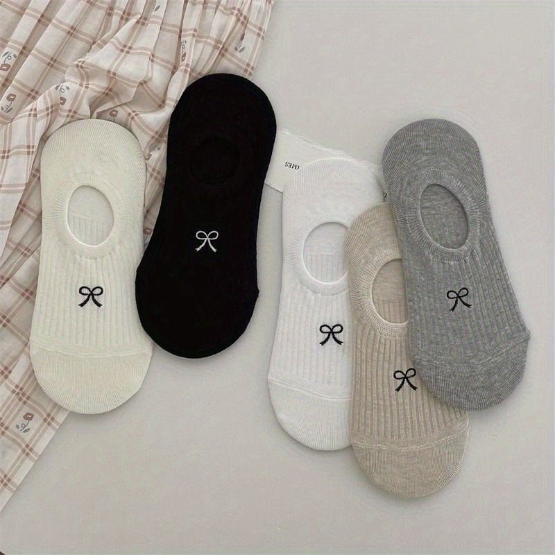 5 Pairs Bow Print Boat Socks, Cute & Sweet Low Cut Invisible Socks, Women's Stockings & Hosiery