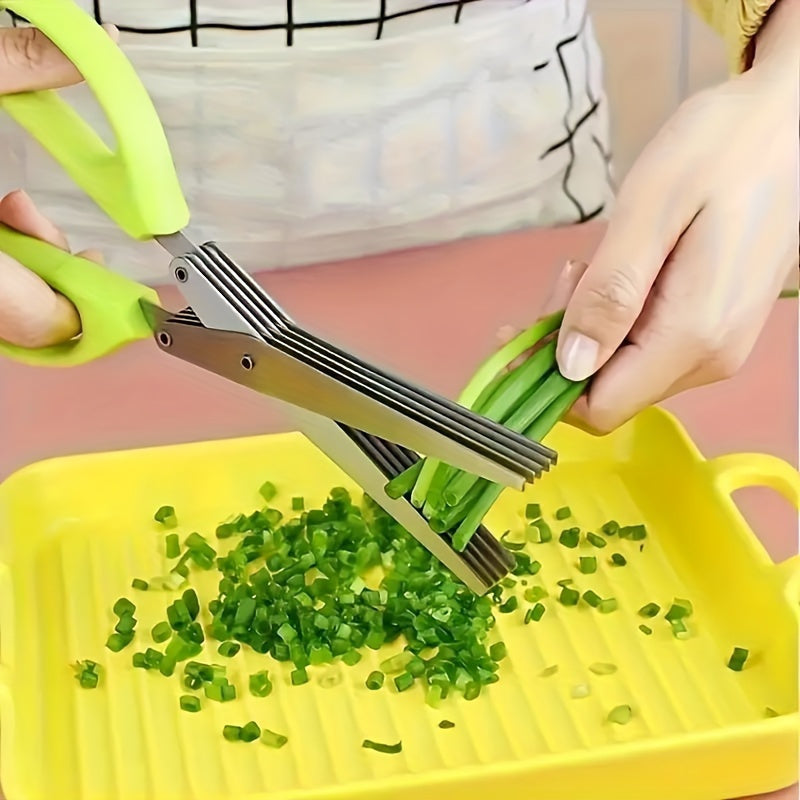 3-Layer Stainless Steel Kitchen Scissors - Versatile Onion & Herb Shredder for BBQ & Indoor Use, Durable with Protective Cover & Built-in Cleaning Agent