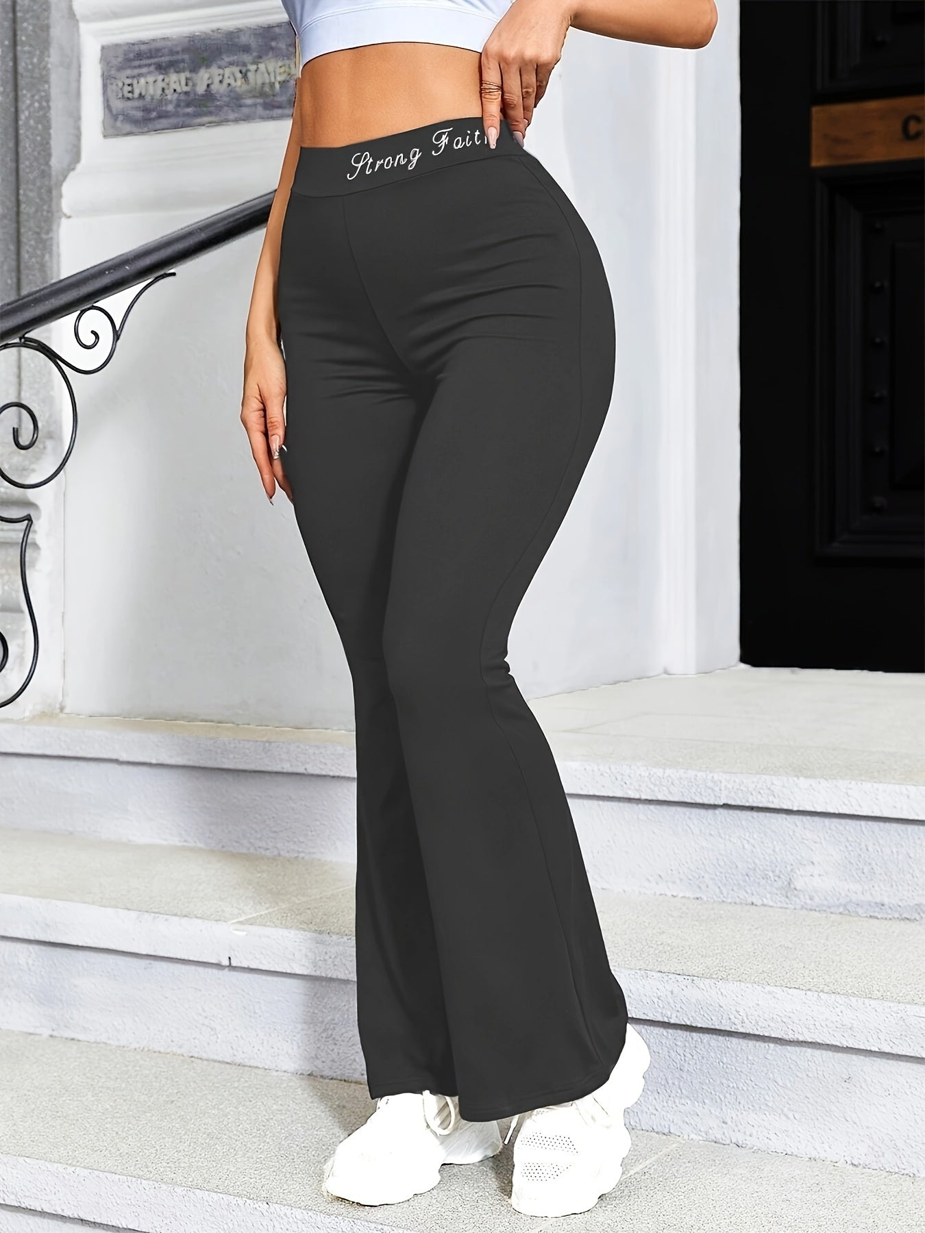 Women's High Waist Flare Yoga Pants, Quick-Dry Stretch Workout Leggings, Fashionable Sports Trousers with Waistband Detail, Gym Running Activewear