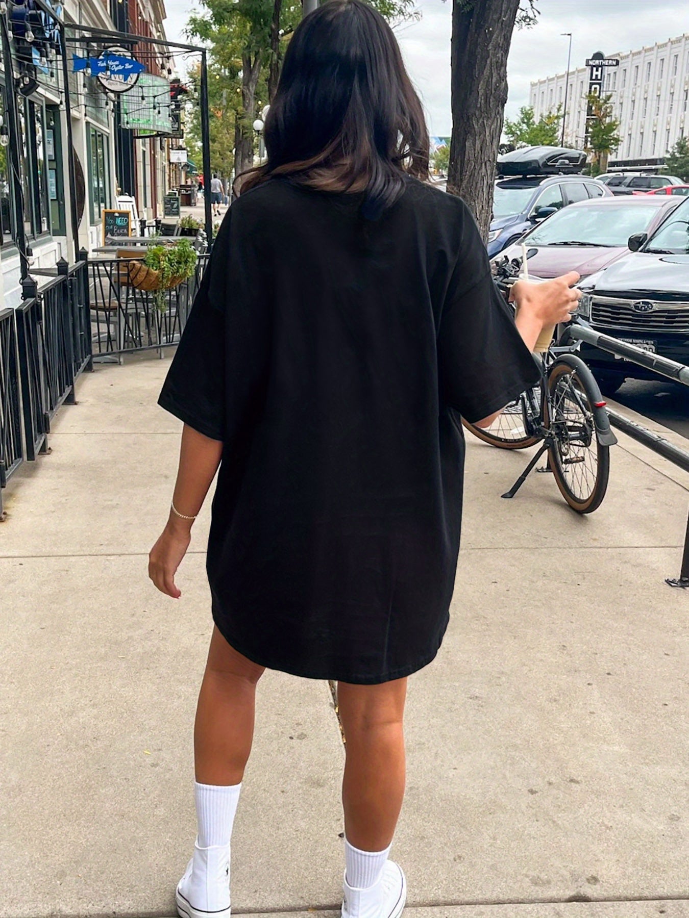 Double-Sided Milano Italy Letter Print Crew Neck Tee Dress, Casual Short Sleeve Summer Dress for Women, Lightweight and Comfortable