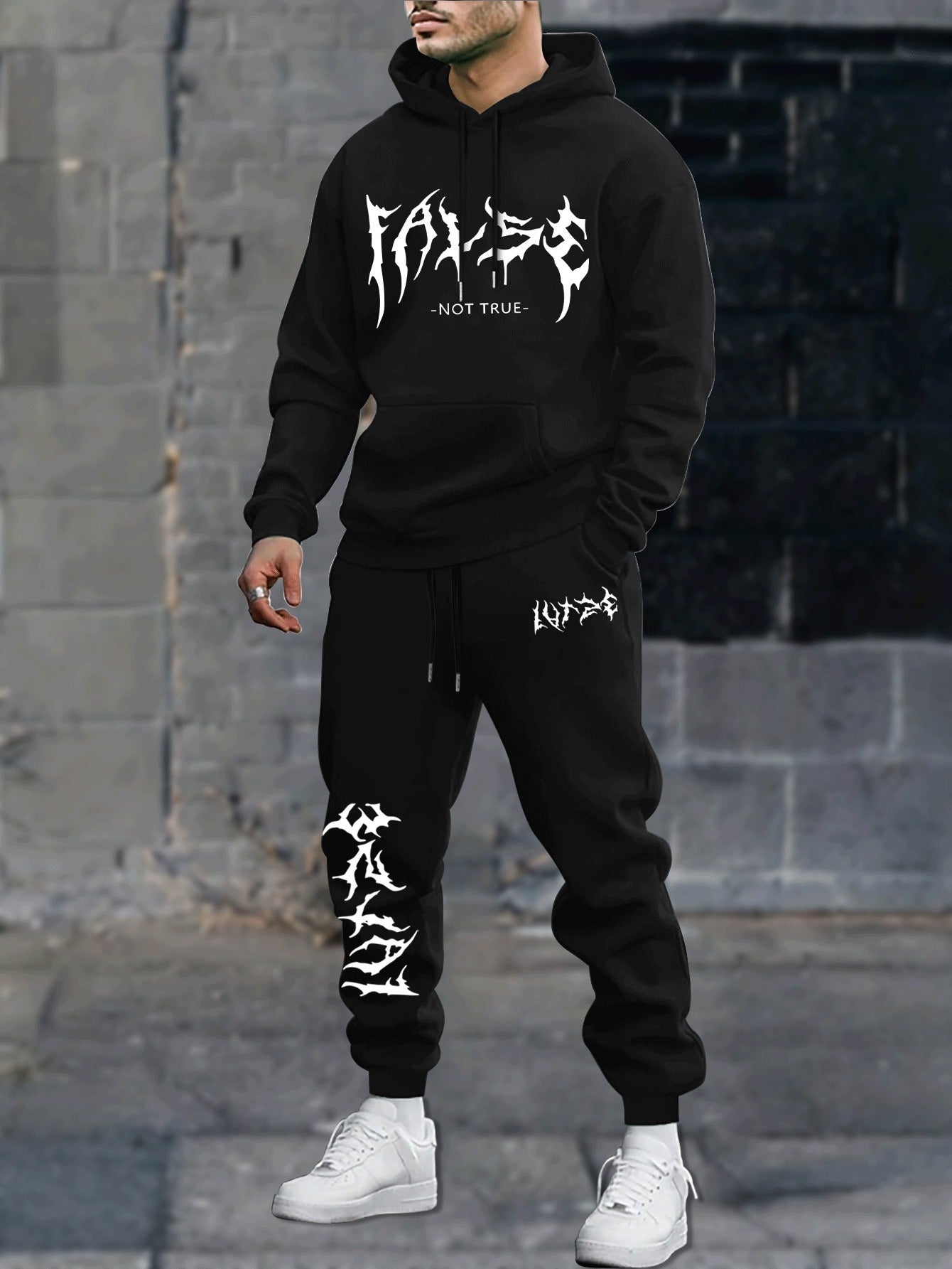 Durable Fabric, Men's Casual Sporty Hoodie and Jogger Set - Trendy Geometric Print, Blue and Black, Polyester Blend, Machine Washable, Perfect for Fall/Winter