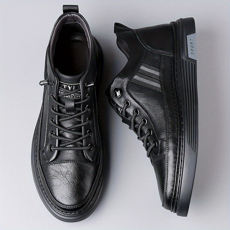 Men's Stylish High-Top Sneakers with Durable Rubber Sole & Elastic No-Tie Slip-On Design - Microfiber Faux Leather, Solid Color - ayq