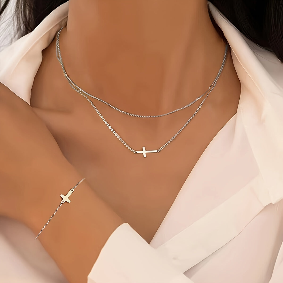 3pcs/set Simple Cross Necklace Bracelet for Women, Holiday Party Date, Gift for Best Friend, Classmate, Christmas, Valentine's Day, Daily Matching