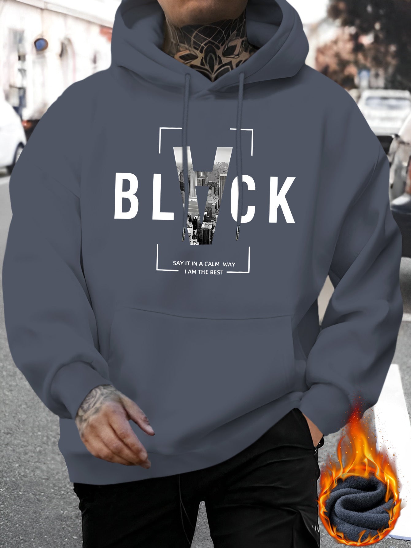 Spring and Summer Men's New Style BLACK SAY IN A CALM WAY IAM THE BEST Letter Print Casual Hoodie Fashion Drawstring Hoodie Autumn and Winter Top Comfortable and Versatile Long Sleeve Hoodie with Hat (Niu Wang Selection)
